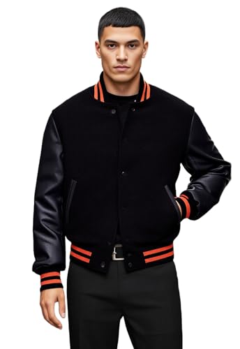 Image of Deckra Men's Varsity Jacket Genuine Leather Sleeve and Wool Blend Letterman Boys College Varsity Jackets XS-5XL