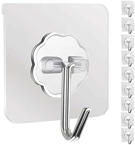 DDMY Adhesive Hooks 13.2LB(Max) Heavy Duty Self Adhesive Hooks Transparent Waterproof and Oilproof Wall Hooks for Kitchen Bathroom Shower Door Outdoor Home Improvement Utility Hook 10 Pack