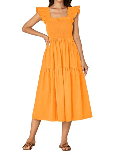 Image of Rooscier Women's A Line Smocked Midi Dress | Summer Sleeveless Square Neck Casual Sundress