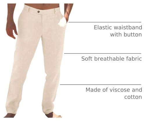 Image of Runcati Mens Casual Pants Elastic Waist Linen Dress Lightweight Straight-Legs Loose Fit Summer Beach Yoga Trousers