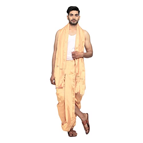 Image of Rameshwaram Fabrics Readymade Dhoti for Men, Velcro Style Stitched Mens Silk Dhoti Pant with Stole Set