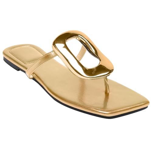 Flip Flop Sandals for Women Flat Thong Sandals Slip on Square Toe Slide Slipper Comfort Dressy Metal Hardware Decoration Summer Fashion Shoes