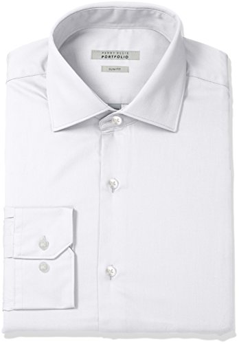 Perry Ellis Men's Slim Fit Wrinkle Free Solid Twill Dress Shirt with Adjustable Collar, White, 16