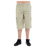 MyShoeStore Men's Cargo Shorts Three Quarter Length Twill Fabric with 6 Pockets Elasticated Waist Drawstring Flat Front Beige 3XL