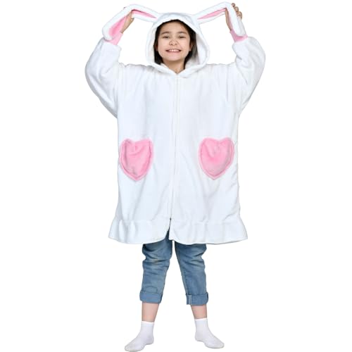 Waitu Rabbit Wearable Blanket Hoodie Funny Halloween Costumes Easter Gifts for Women Men Boys Girls Rabbit Hooded Blanket Flannel Zipper Hoodie Blanket Birthday Gifts for Teens (Kid White)