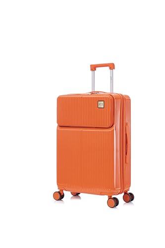 [ATX LUGGAGE] スーツケース フロントオープン 軽量 耐衝撃 ハードキャリーバッグ 静音ダブルキャスター TSAロック搭載 隠しフック付き ビジネス出張 海外 旅行 ファスナータイプ (オレンジ、4～7泊/63L)