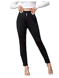 SweatyRocks Women's Casual Skinny Leggings Stretchy High Waisted Work Pants Elastic Waisted Button Black Medium