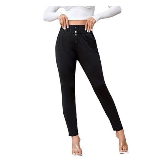 SweatyRocks Women's Casual Skinny Leggings Stretchy High Waisted Work Pants Elastic Waisted Button Black Medium