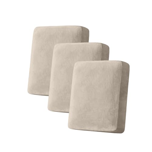 Image of Stretch Silver Fox Velvet Couch Cushion Cover - Soft and Comfortable Fuzzy Slipcover for Chair, Sofa, or Seat Cushion(3 Pcs for 3-Seat Cushion,Taupe)