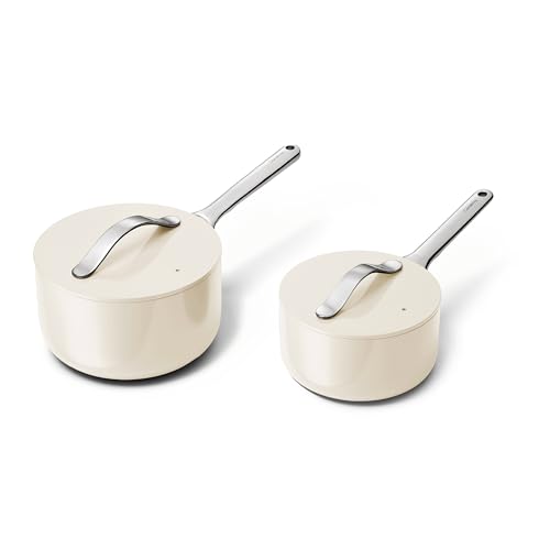 Image of Caraway Nonstick Ceramic Sauce Pans with Lids (3 qt & 1.75 qt) - Non Toxic, PTFE & PFOA Free - Oven Safe & Compatible with All Stovetops (Gas, Electric & Induction) - Cream