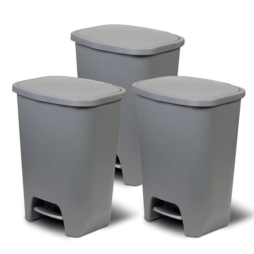 Image of Glad 3 Pack 20 Gal Trash Can - Plastic Kitchen Waste Bin with Odor Protection of Lid - Hands Free with Step On Foot Pedal and Garbage Bag Rings, Grey