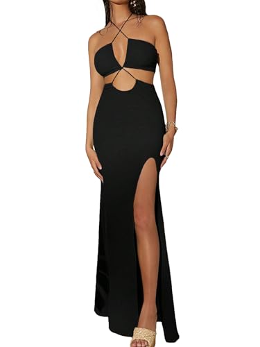 makemechic women's sleeveless split ruched halter party cocktail long dress MakeMeChic Women's Sleeveless Criss Cross Halter Dress Cut Out High Waisted Split Thigh Maxi Sundress Black Medium at Amazon Women's Clothing store