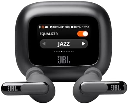 JBL Live Beam 3 TWS,Hi-Res Audio True ANC Earbuds,Smart Case with Touch Display,48H Playtime,Wireless Charging,6 Mic,Multipoint Connection,Ip55 Proof, Headphones App,Personi-Fi 3.0 (Black)