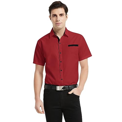 Ranberone Camisa social masculina casual de algodão manga curta slim fit gola contrastante abotoada,