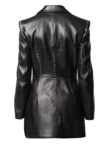 Studded Women's Blazer One-Button Blazer Coat Black Genuine Lambskin Leather Long Coat Metal Stitching3