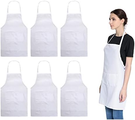 LOYHUANG Total 6PCS White Apron for Women Adult Unisex Plain Color Bib aprons with 2 Front Pockets Washable Chef Aprons for Cooking Baking Kitchen Restaurant Crafting
