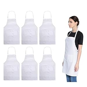 Total 6PCS White Apron for Women Adult Unisex Plain Color Bib aprons with 2 Front Pockets Washable Chef Aprons for Cooking Baking Kitchen Restaurant Crafting