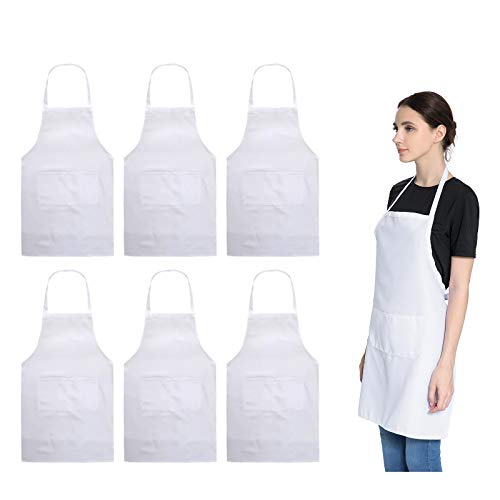 Total 6PCS White Apron for Women Adult Unisex Plain Color Bib aprons with 2 Front Pockets Washable Chef Aprons for Cooking Baking Kitchen Restaurant Crafting
