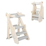Foldable Toddler Tower, Toddler Kitchen Step Stool Helper, Height-Adjustable Foldable Standing Tower, Auxiliary Standing Stool, Cute Shark Model (Beige)