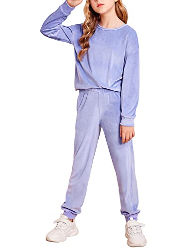 Arshiner Girls Velvet Hooded Tracksuit Solid Color Sweatshirts Velvet Casual Relaxed Pajamas Lilac Size 13-14Y #TOP11