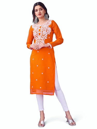 Image of HESVI Women's Georgette White Lakhnavi Chikankari Kurti with Intricate Embroidery Work