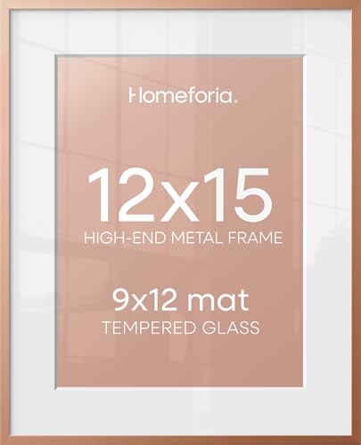 Image of Homeforia 12x15 Rose Gold Picture Frame, High End Metal 12x15 Poster Frames with Mat 9x12 Photo, 12 x 15 Rose Gold Frames Matted to 9 by 12 Print, 15x12 Thin Frames, Tempered Glass, Wall Kit, Set of 1
