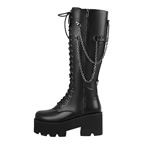 onlymaker Knee High Embellished Chains Boots Chunky Heels Zip up Round Toe Platform Gothic Booty
