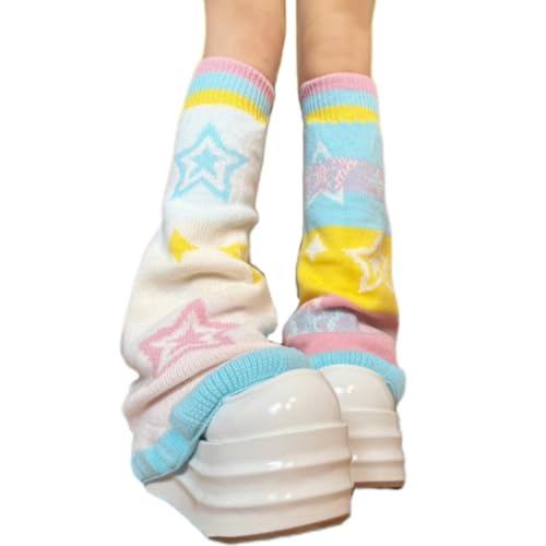 Reversible Bell Bottom Knitted Leg Warmers Y2K Style Stars Design, Cute Stack Socks Girl Women Fall Winter Fashion