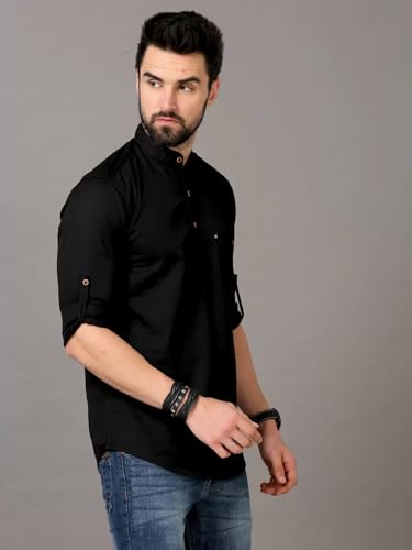 Image of DEEMOON Men's Cotton Blend Full Sleeve Short Kurta with Mandarin Collar Crafted from a Premium Cotton Blend