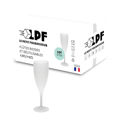 LPF LE PETIT FOURNISSEUR - Lot de 100 Flûtes à champagne réutilisables 12cl (15cl max) - Polypropylène plastique alimentaire - Verre à champagne durable -...