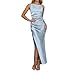 2025 - Damen-Satin-Slip-Kleid mit Wasserfallkragen, rückenfrei, gerüscht, figurbetont, Midi-Kleid, Damenkleider für Arbeit, Herbst, hellblau, S