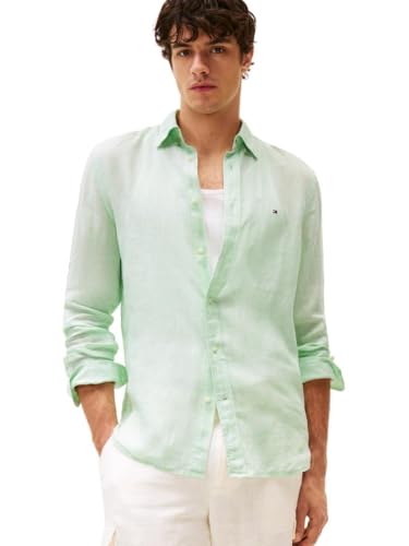 Tommy Hilfiger Men's Pigment Dyed Linen Regular Long Sleeve Shirts, Opal Green Medium