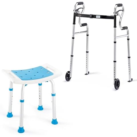 FSA/HSA Eligible Shower Stool 350lbs Bath Seat Chair and 3 in 1 Folding Walker with 5” Front Wheels by Health Line Massage Products,Bath Bench with Padded Seat for Seniors, Elderly, Disabled, Handicap Cover