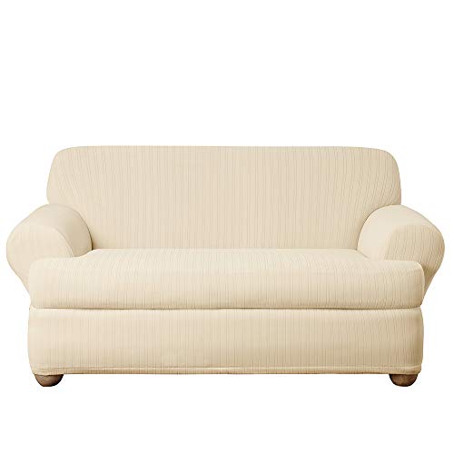 SureFit Stretch Pinstripe 2 Piece T Cushion Loveseat Slipcover in Cream