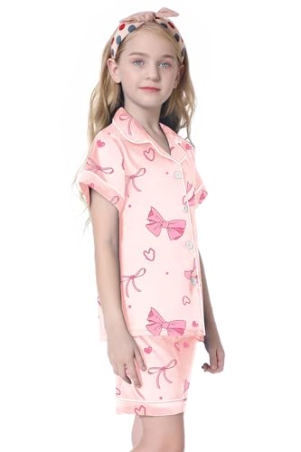 Image of Umeyda Women & Girls Pajamas Set, Soft Satin Lightweight Silk Button-Down Top with Shorts 2 Piece PJS for Mom Boys Kids Gifts