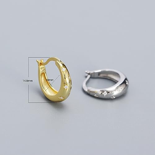 925 Sterling Silver CZ Star Chunky Small Hoop Earrings for Women Teen Sensitive Ear Dainty 14K Gold Plated Oval Crystal Stars Hypoallergenic Huggie Hoops Fashion Trendy Jewelry Christmas Gift2