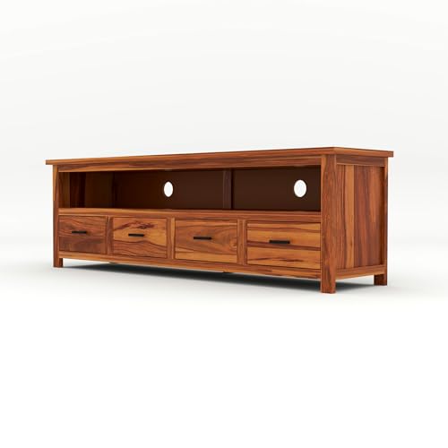 Image of Sheesham Solid Wood TV Cabinet for Living Room | Handcrafted Wooden TV Unit with Storage | Elegant Entertainment Stand for Modern Homes (4 Drawer Tv Cabinet, Honey)