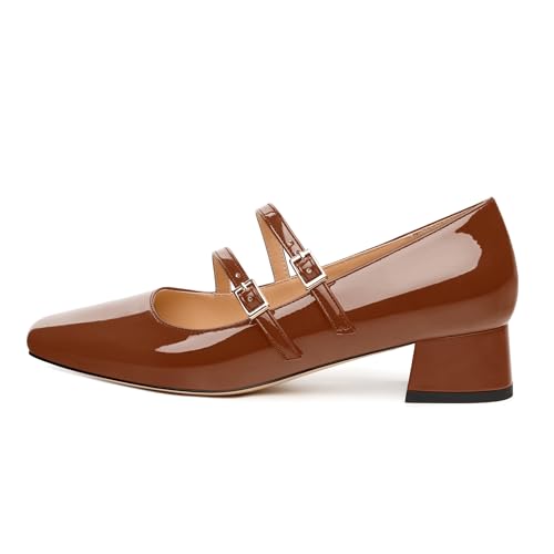 Womens Mary Jane Pumps, Square Toe Low Block Heel Pumps for Women, Leather Insloe Comfort Daily Two Straps Mary Janes 1.3"2