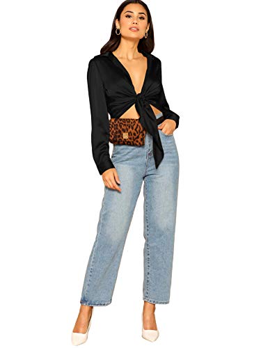 Shein Women's Long Sleeve Self Tie Knot Front Satin Crop Top Blouse Shirt Black Medium #TOP4