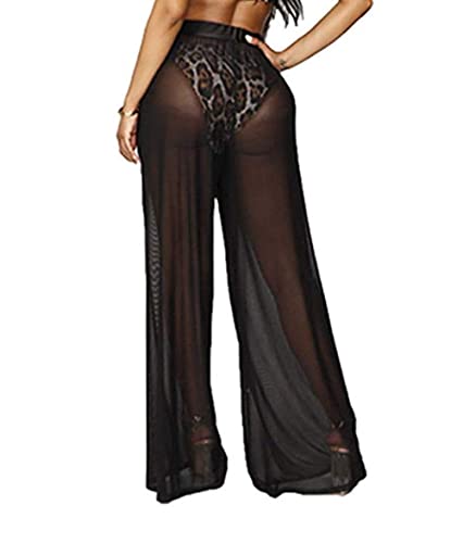 Women Sexy See Through Sheer Mesh Loose Bottoms, Swimsuit Bikini Cover Up, High Waist Wide Leg Pant2