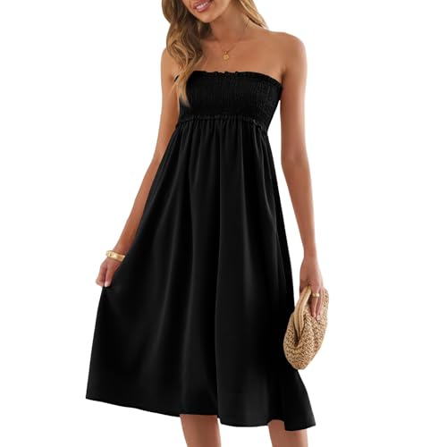 Générique Robe Longue Femme Chic Elegant Robe Ete Fluide avec Bustier Smocke Poches Robes De Bal pour Ceremonie Soiree Et Fetes Black, XXXL