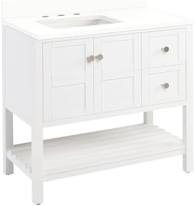 Signature Hardware 952383-RUMB Olsen 36" Single Vanity Set with Wood Cabinet, Quartz Vanity Top, and Rectangular Sink - 1-1/2" Faucet Holes - Soft White/Arctic White