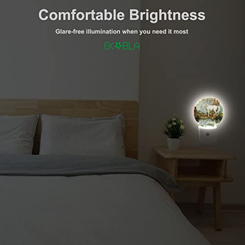 Image of EKOBLA Cute Unicorn Night Light, White Unicorn Horse in Forest Night Lights Plug Into Wall with Dusk to Dawn Sensor for Kids Bedroom Bathroom Decor