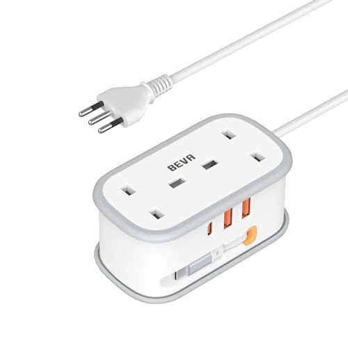 UK to Italy Plug Adapter with 1.5M Extension Cable, BEVA 2 Way 3 USB (2A+1C) Italian Travel Adapter with Retractable USB C Cable for Chile Ethiopia Libya Syria Tunisia Uruguay (Type L)