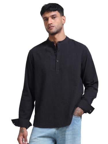 Image of StitchX Men's Seersucker Band Collar Pure Cotton Striped Kurta Shirt-S-2XL