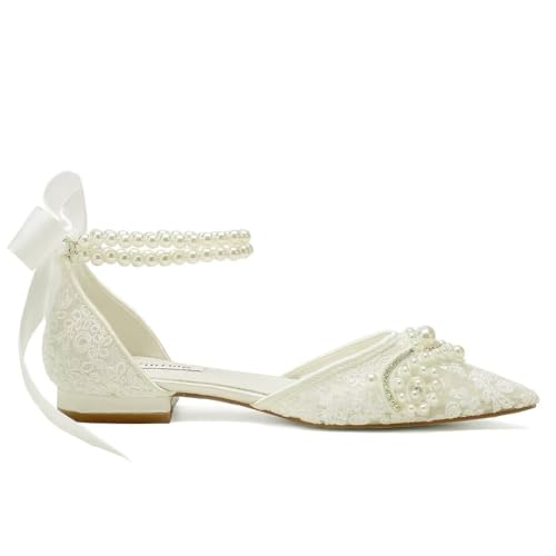 Winflag Pearl Wedding Shoes for Bride Flat Lace Bride Shoes Pointed Toe Bridal Flats-Ivory 1-11 by Winflag - Used condition - Image 5