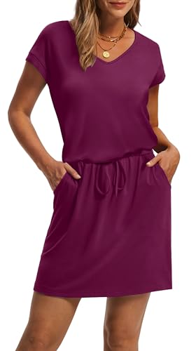 Image of OFEEFAN Summer Dresses for Women 2026 V Neck T Shirt Casual Mini Dresses Tie Waist Sundresses with Pockets