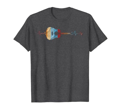 Image of Guitar Player Guitarist Heartbeat Retro Acoustic Guitar T-Shirt, Men, Dark Heather Grey, XX-Large