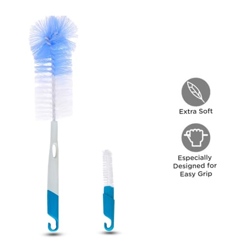Image of Baybee 2 in 1 Baby Bottle Cleaning Brushes | BPA-Free 360 Movable Nylon Bristles Baby Feeding Bottle & Nipple Cleaning Brush | Anti Slip, Easy to Clean Neck to Wide Corner Cleaner Set(Pack of 2,Pink)