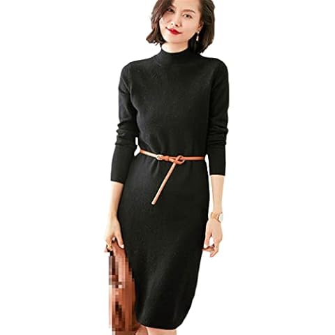 YTR6RTW Women Dress Goat Cashmere Knitted Dresses Winter Half-High Neck Ladies Plus Long Jumpers Dress Black L Cover